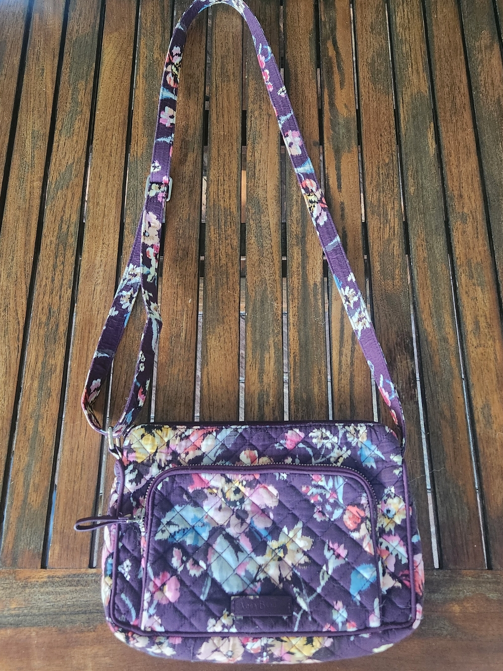 Vera Bradley Quilted Cotton Crossbody Bag Purple Floral Shoulder Multi Pocket
